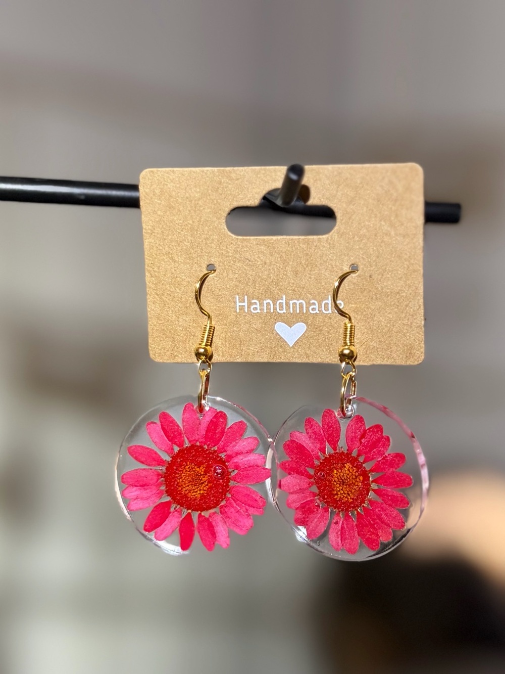 Handmade Pink Daisy Resin Drop Earrings